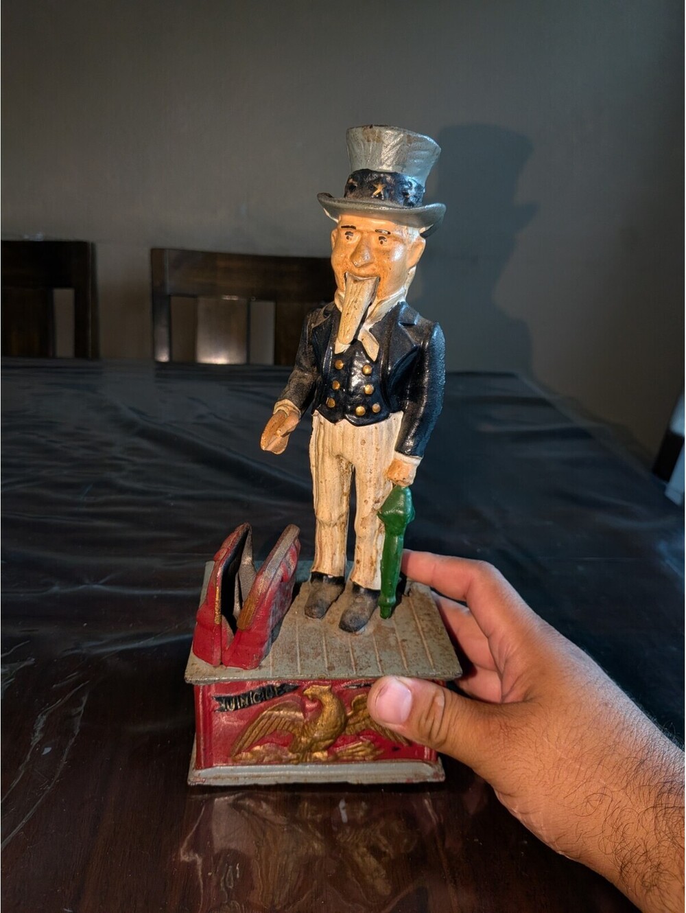 Cast Iron Uncle Sam Mechanical Coin Bank w/ Suitcase, Eagle & Red Bag
